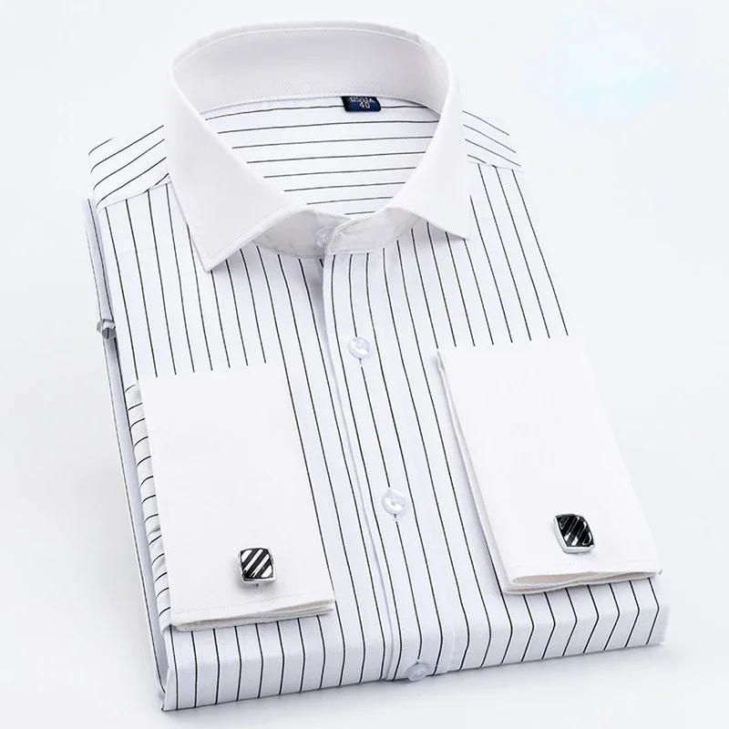 

Men French Cufflinks Shirt High Quality Hidden Button Men's Long Sleeve Casual Slim Fit Cuff Dress Shirts (Cufflinks Included)