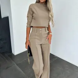 Lady Commute Outfit Elegant Women's Business Suit Set with Slim Fit Top Wide Leg Trousers Professional Office Attire for Work