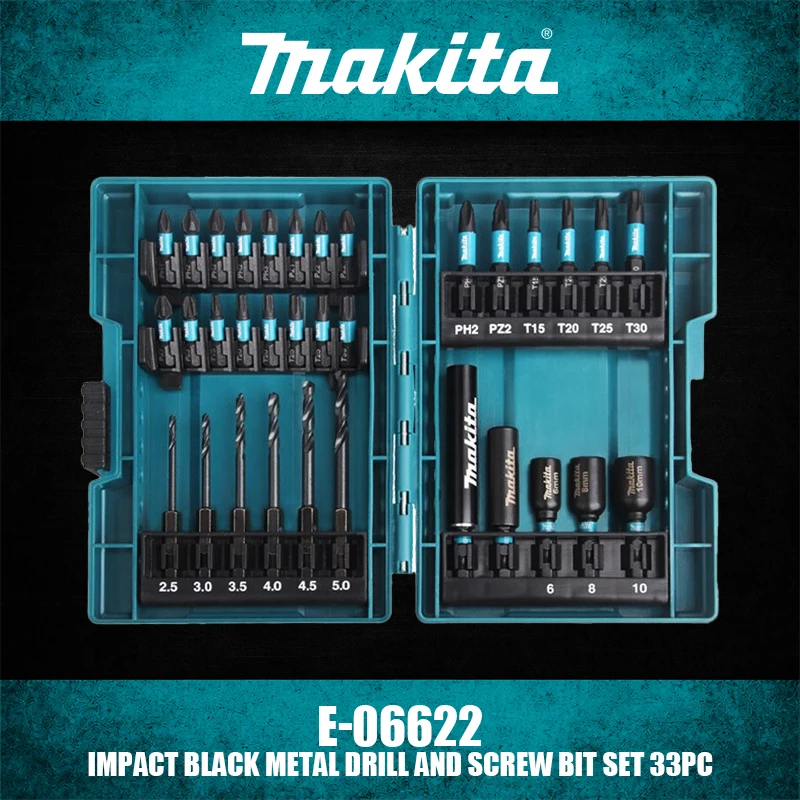 

Набор ударных сверл и бит для шуруповерта Makita E-06622, 33 предмета, черный металл