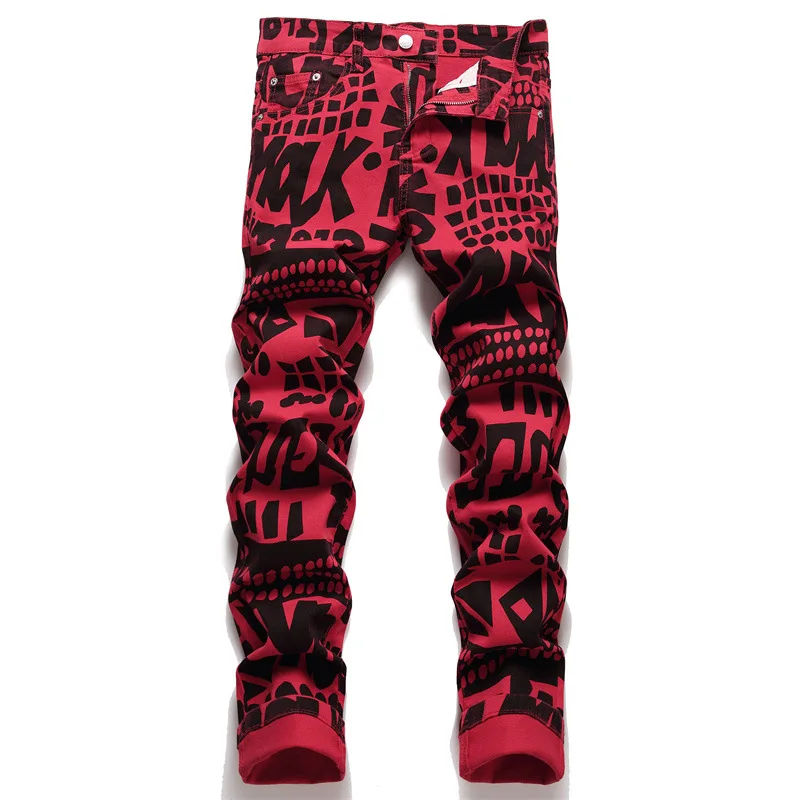 

Streetwear High Street Men Digital Printing Jeans Fashion Popular Red Painted Stretch Denim Pants Casual Skinny Pencil Trousers