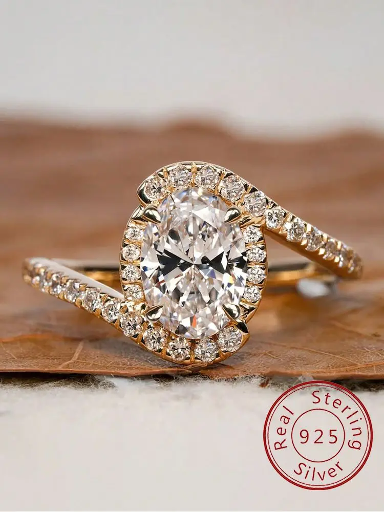 

925 Sterling Silver Sparkling Golden Oval Zircon Ring For Women Engagement Wedding Luxury Fashion High Quality Fine Jewelry