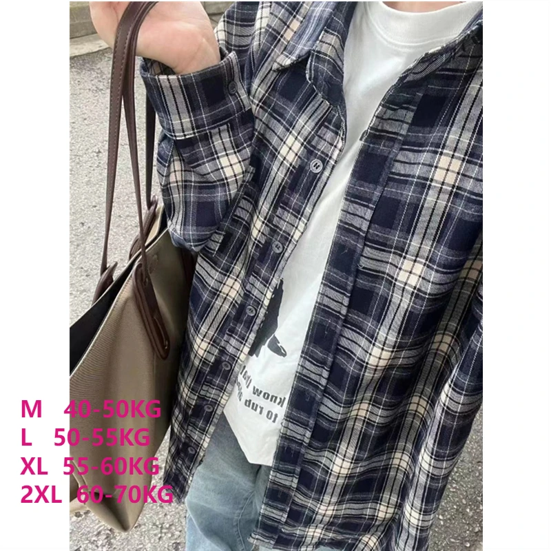 Vintage Plaid Shirt Women Loose Casual Medium Length Preppy Style Shirts Fashion Single Breasted Lapel Pocket Oversize Shirts