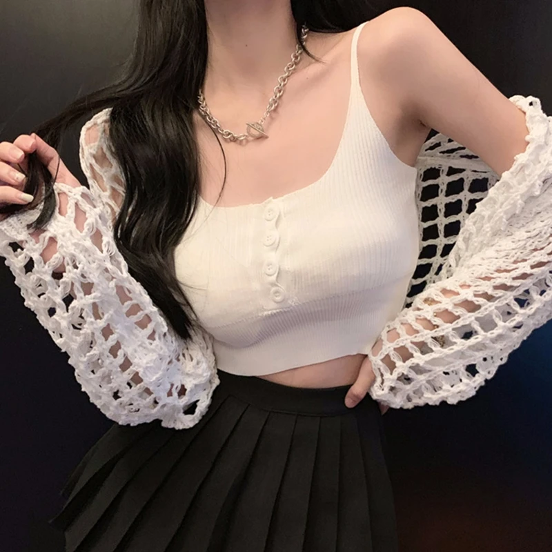 Spring Autumn Sweater for Women Hollow Out Open Front Mesh Net Cropped Cardigan Ribbed Knit Bodycon Camisole for Tank To