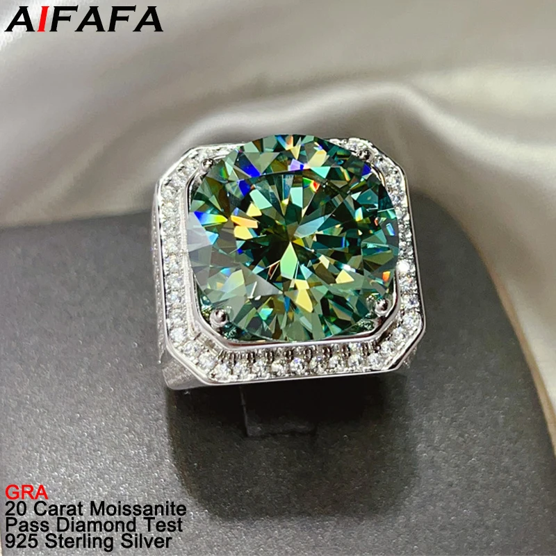 Мужские кольца с зеленым муассанитом и бриллиантами 20 карат, высокое качество, серебро 925 пробы, сверкающие 18 мм, большой розовый муассанит, ювелирные изделия GRA