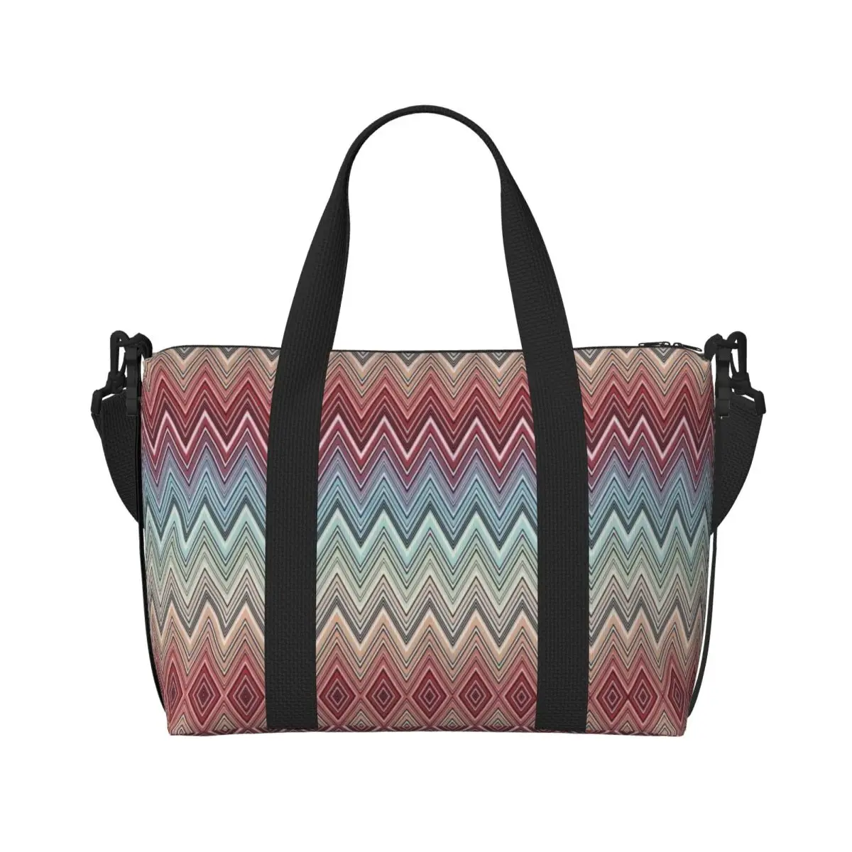 Custom Multicolor Chic Zigzag Groceries Tote Shopping Bag Women Large Capacity Boho Chic Zig Zag Beach Gym Travel Bags