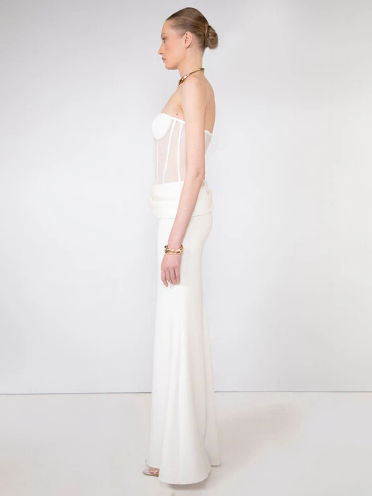 VC Elegante vestido de novia sencillo con corsé blanco – Vestido largo sin tirantes con corpiño transparente para mujer Vestido de compromiso minimalista moderno