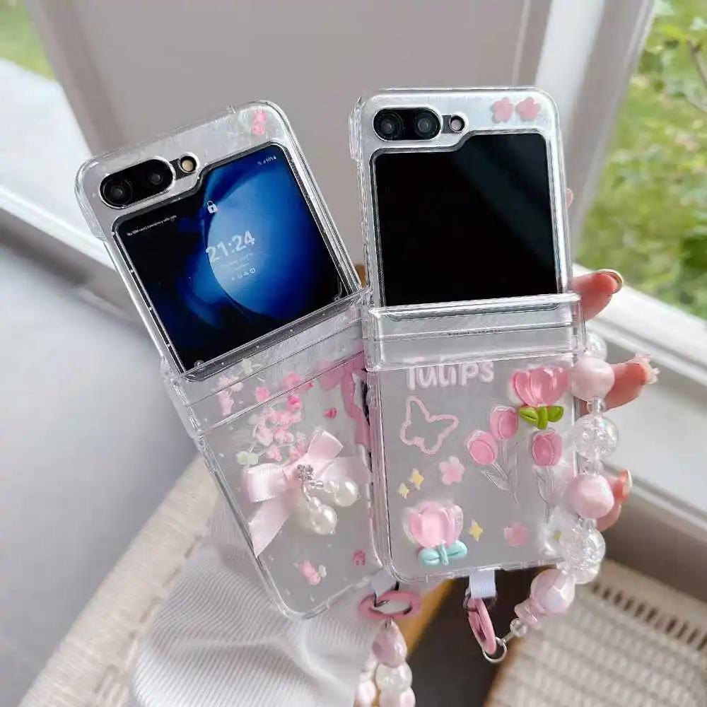 

Korean Cute 3D Pink Tulip Ribbon Bow Flower Strap Chain Girl Case For Samsung Galaxy Z Flip 7/6/5/4/3 Flip5 Flip6 Flip4 Cover