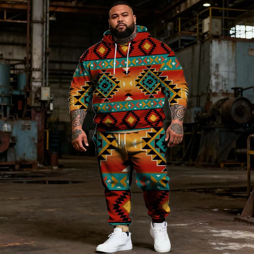 

S-9xl plus size Big & Tall Men's Hoodie Set: Ethnic, Plaid Elements - 2-Piece Wear, Breathable Material, Stylish Designs