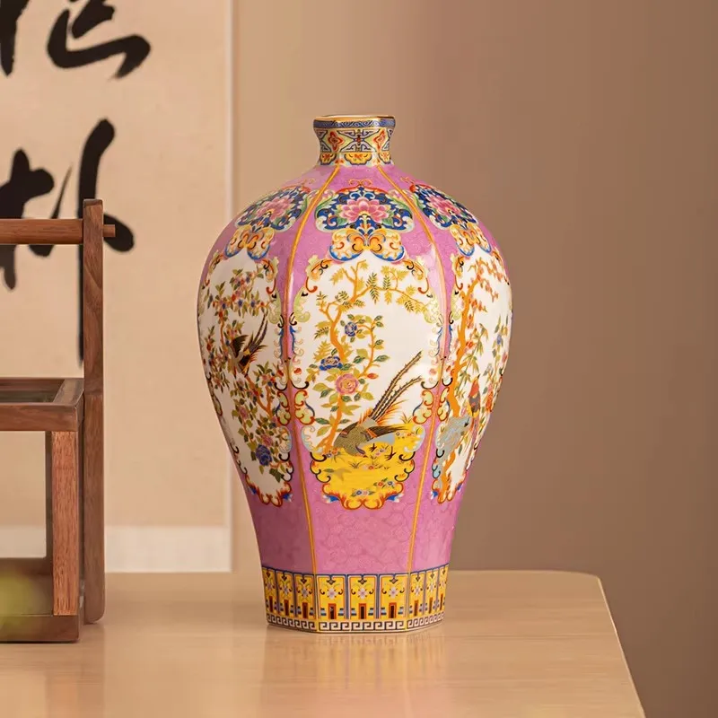 25cm/enamel color Qing Qianlong painted golden bird hexagonal plum vase antique porcelain home antique shelf Chinese style foyer