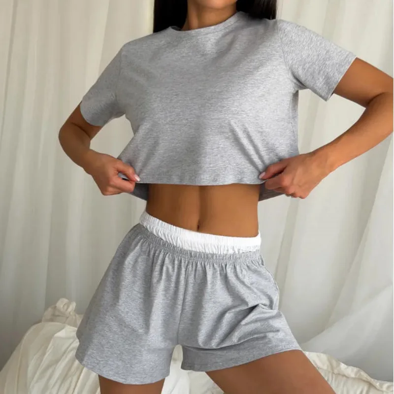 2026 Spring and Summer New Solid Color Round Neck Short-sleeved Splicing Shorts Pajamas Casual Women's Home Suit