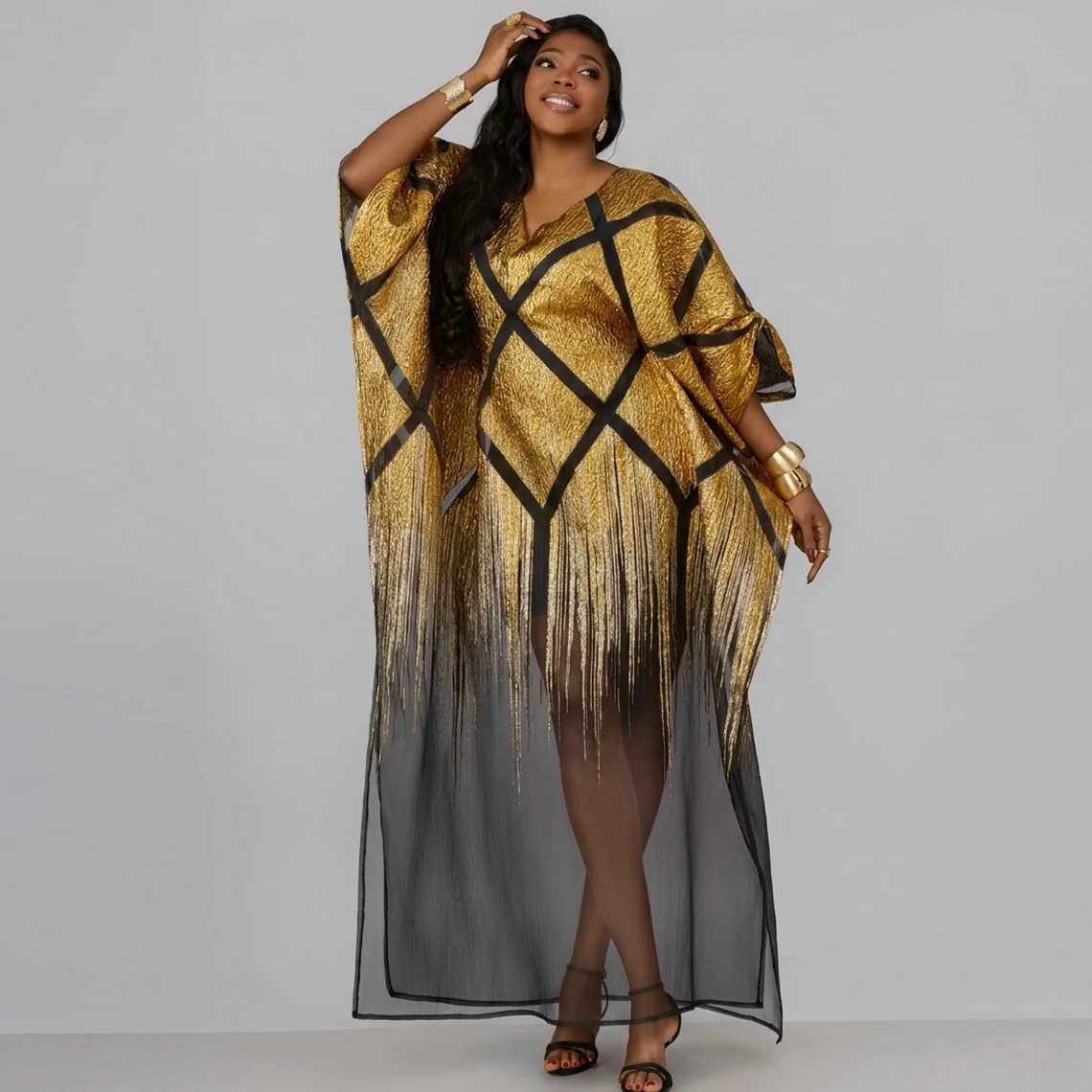 

2pcs African Gold Line Brocade Boubou Dress With Lining Party African Dashiki Nigeria Red Bride Wedding Mesh Long Robe