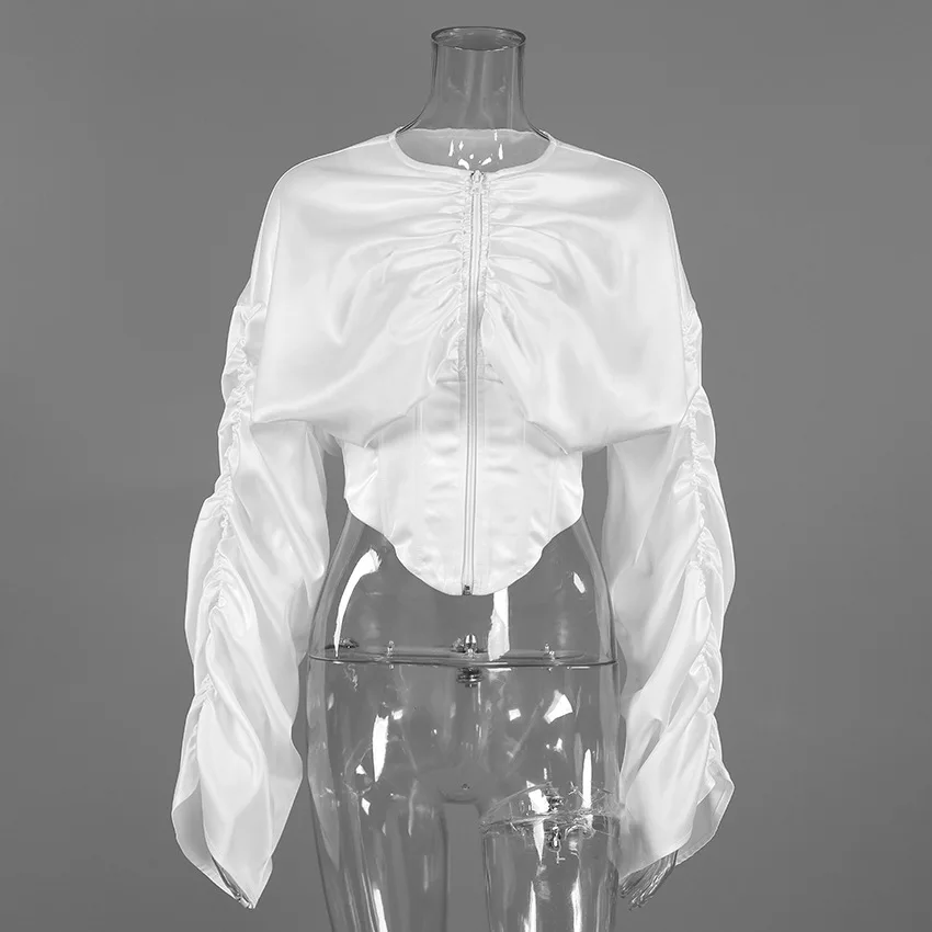

Vintage Elegant Puff Sleeve Corset Shirt for Women 2026 Spring Summer Fashion O-Neck Zip-Up Corset Blouses Ladies Cropped Top