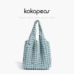 KOKOPEAS Beige Bubble Quilted Tote Bag for Women Stylish Korean Style Shopper Shoulder Purse Eco Friendly Reuable Casual Handbag