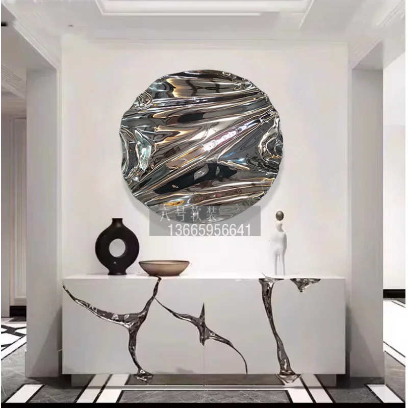 Stainless steel mirror water wave pattern round decoration living room hotel background wall wall mural villa lucky device