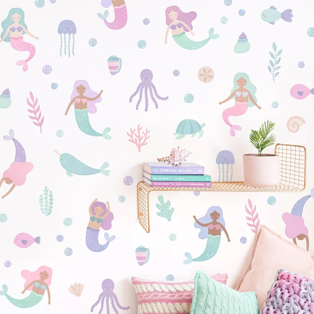 Watercolor Mermaid Wall Stickers Bedroom Kitchen Sea Life Ocean Beach Wall Decals Baby Nursery Kids Room Home Decoration