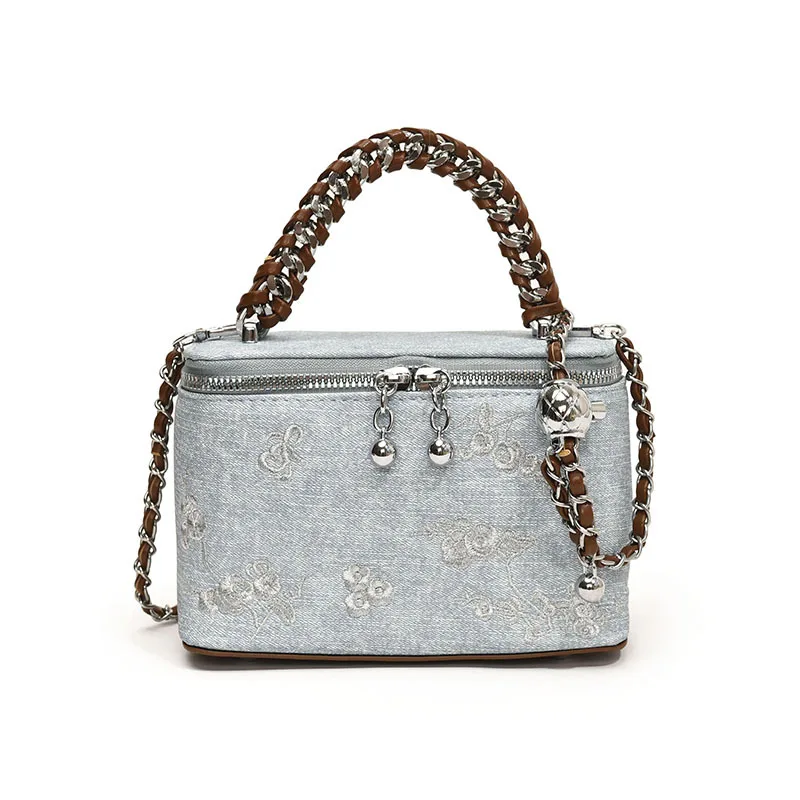 Denim Handheld Box Small Square Bag For Women New Fashion Versatile Chain Crossbody Bag Flower Pattern Embroidery Cowboy Bag