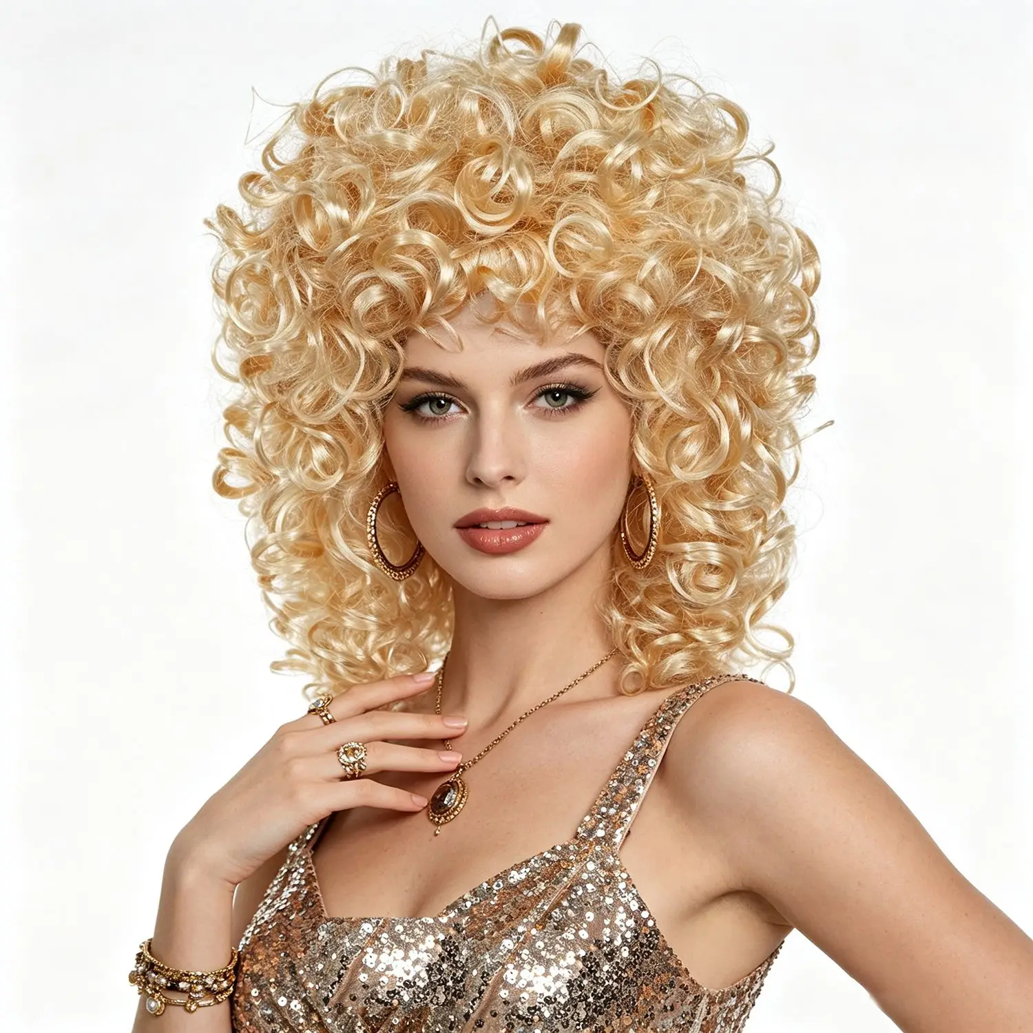 Blonde Fluffy Afro Curly Wig, Retro Disco Big Curl Holiday Styling Hair, 70s Disco Diva Hair  for Halloween Party Cosplay