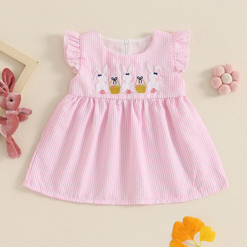 Toddler Baby Girl Summer Dress Ruffle Sleeveless Round Neck Bunny Embroidery Loose Dress Vacation Dress