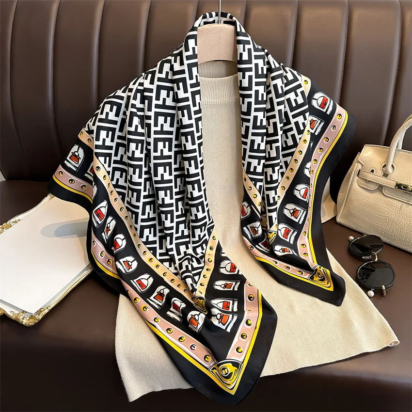 90*90cm Luxury Brand Twill Silk Large Scarf Women Fashion Belt Pattern Satin Square Female Design Handkerchief Bandanna Foulard