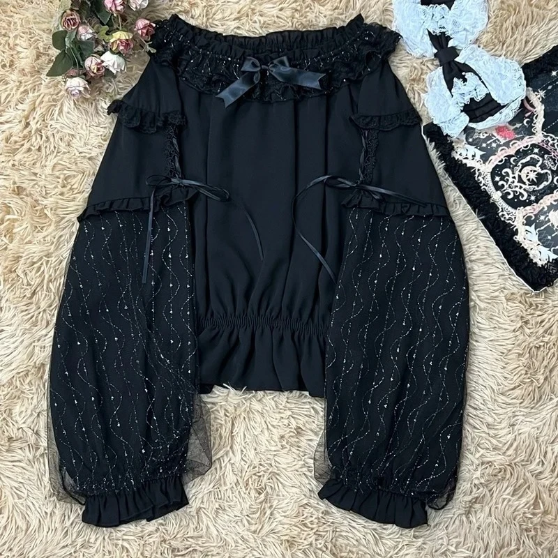 Sweet Peter Pan Collar Lace Shirts Women Kawaii Lolita Style Blouse Girly Japanese Spring Autumn Mesh Long Sleeve Blouses Tops