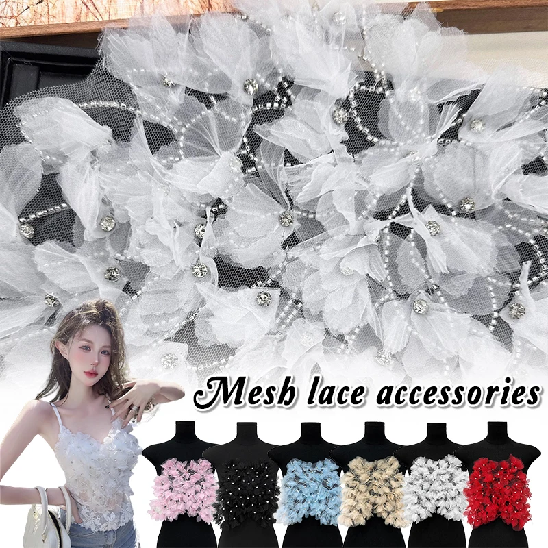 Double Layer Tulle Lace Trim with Beaded Ruffle Applique Wide for Evening Gown Wedding Dress Diy Bridal Embellishment
