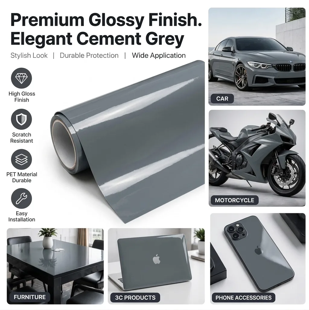 Gloss Cement Dark Grey Vinyl Wrap Roll with Air Release DIY Self Adhesive Decal Sticker Motorcycle Car Wrapping Film