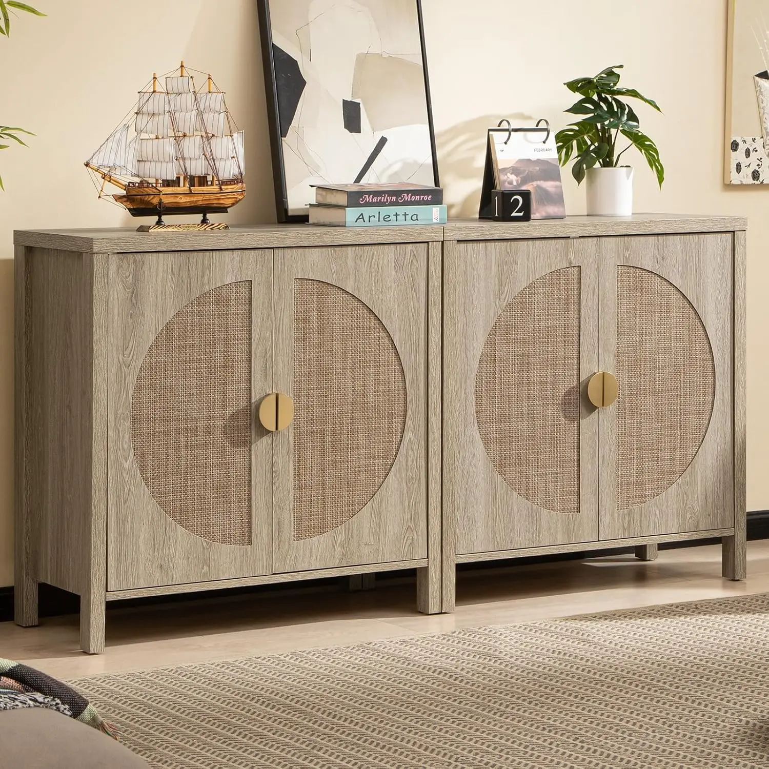 

Rattan Buffet Cabinet Set of 2, Accent Sideboard Storage Cabinet with Adjustable Shelves, Credenza Console Table for Dining Room