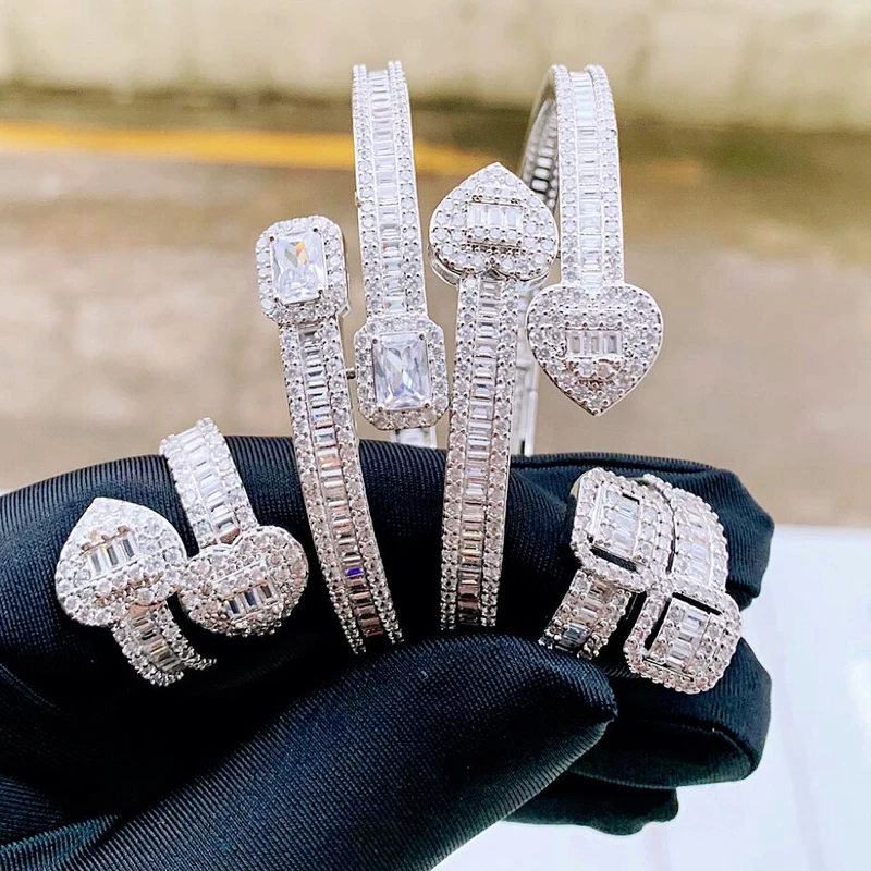 Iced Out Bling 5A Cz Stone Paved Clip Bracelet Punk Styles Hip Hop Bangle Rings Set Jewelry for Men Women Drop Ship