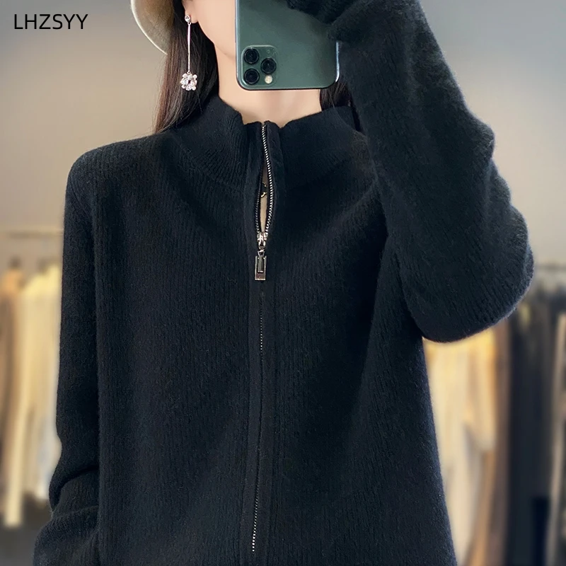 LHZSYY Autumn Winter New 100%Pure Wool Zipper Cardigan Ladies Stand Collar Knit Jacket Loose Top Warm Cashmere Sweater WomenCoat