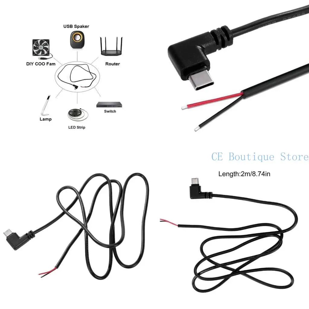 652F Male Type C to 2 Pin Extension Cord USB C Pigtail 2Pin Power Cable Line 22AWG