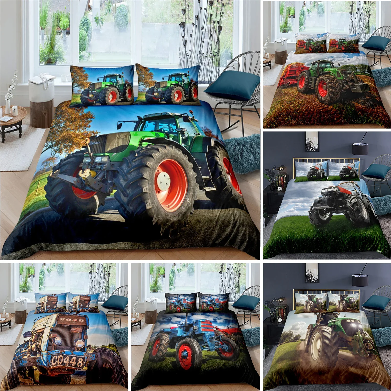 Retro Tractor King Queen Duvet Cover Car Bedding Set Engineering Vehicle Quilt Cover Farm Tool Cart 2/3pcs Polyester Quilt Cover