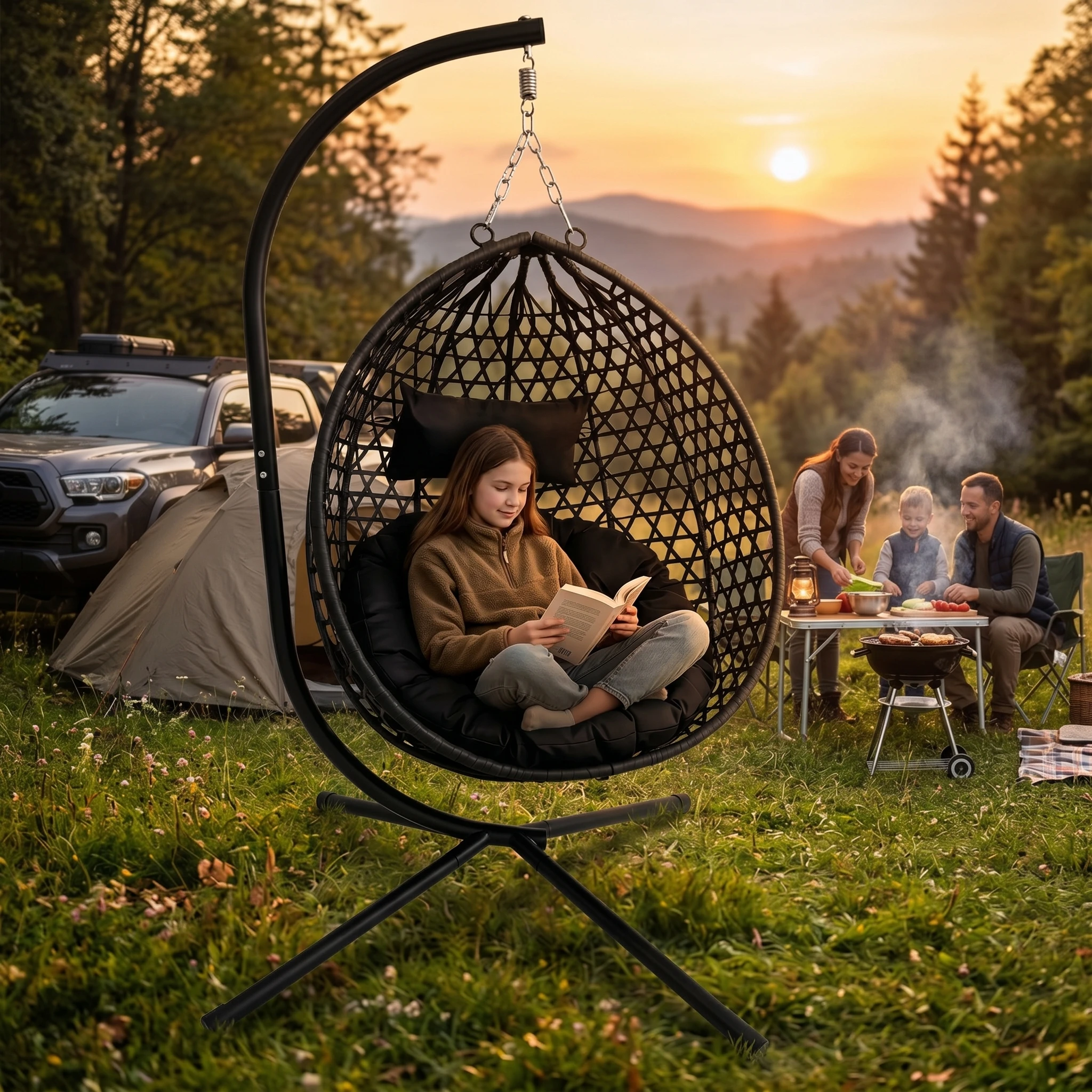 Foldable Hanging Egg Chair Stand HDPE Rattan Wicker Swing Chair Cushion Heavy Duty Frame 350 Lbs Capacity Outdoor/Indoor Use