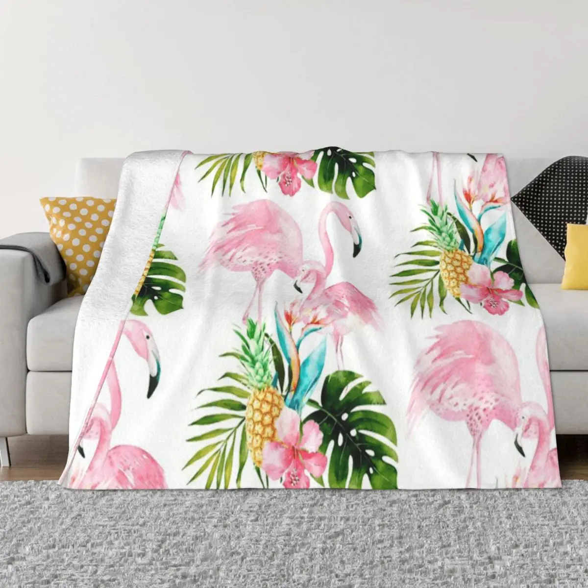 

Pink Flamingo Tropical Foliage Pinapples An Ultra-Soft Micro Fleece Blanket
