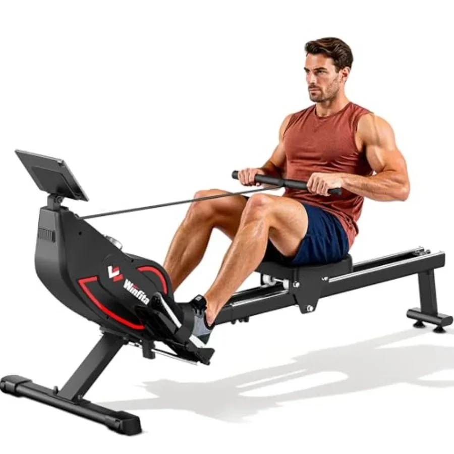 Home rowing machine with magnetic resistance, black steel frame, 32 levels quiet operation, 350lb capacity, compact dual rail d