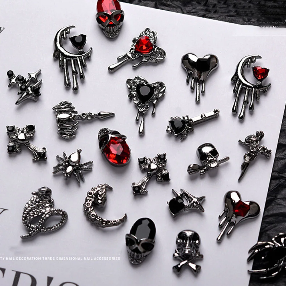 10pcs Darkness Metal Nail Charms Heart with Dark Gems Luxury Nail Decoration 3D DIY Parts Retro Style Aolly Black Heart Charm