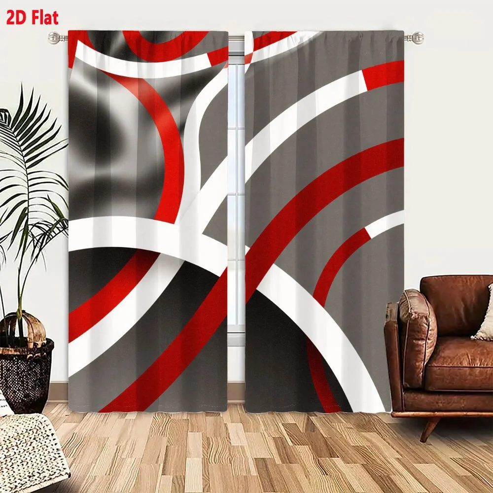 2Pcs Curtains 2D Flat Abstract Design With Smooth Curved Lines In White And Red Overlapping On Gray Textured Glossy Satin Backgr
