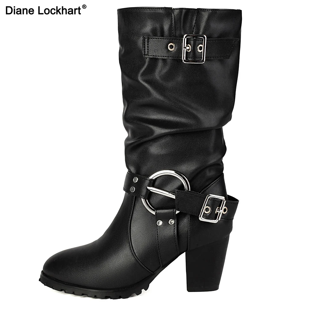 

Womens Mid-Calf Boots Retro Stacked Short Boots PU Leather Belt Buckle Boots Women Fashion Western Knight Boot Botas De Mujer