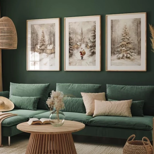 Retro Santa Claus and Christmas Tree Canvas Prints Winter Landscape Wall Art Posters for Modern Living Room Christmas Home Decor