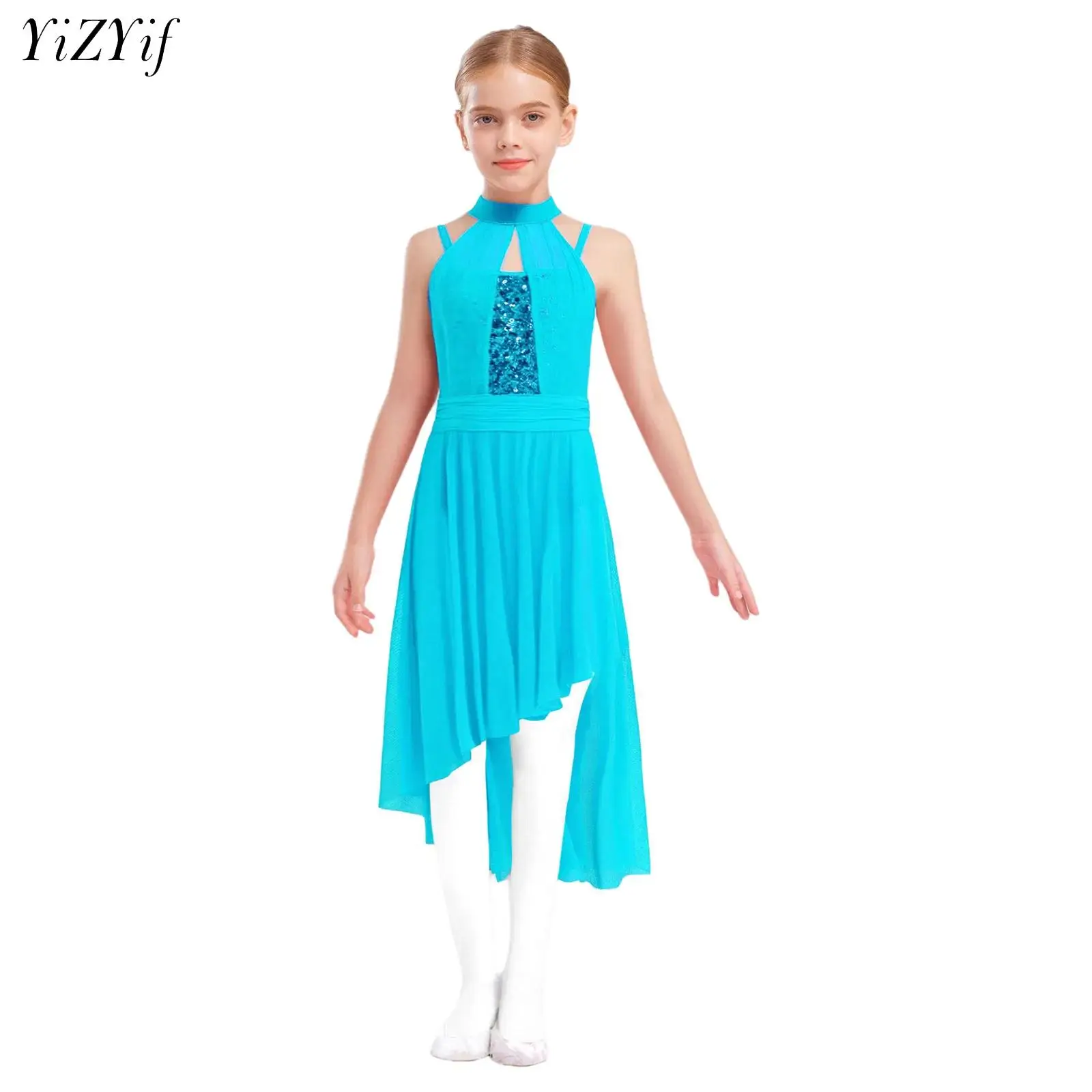 

Kids Girls Ballet Dress Sleeveless Sequins Modern Lyrical Dance Performance Costume Asymmetrical Gymnastics Figure Skating Tutu