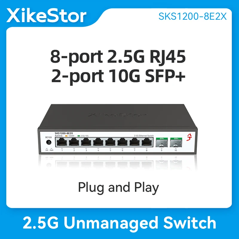 XikeStor 2.5G Unmanaged Switch 8-Port 2.5G RJ45 2-Port 10G SFP+ Plug and Play