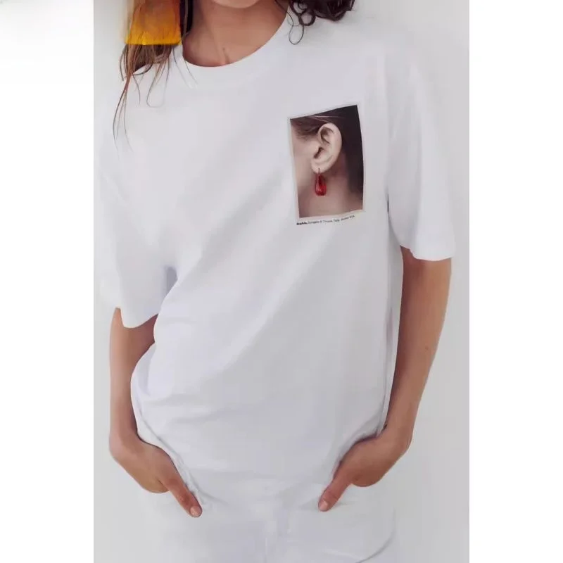 

Summer New Women's Casual round Ne ort Sve T-irt White Print Loose Versatile Earring Design Faionable Streetwear
