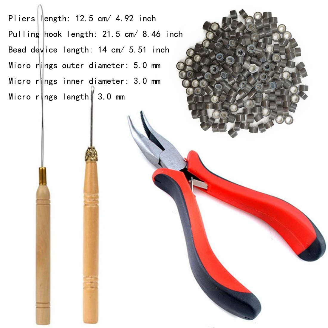 Hair Extensions Beads Tools Kit Extensions Micro Pulling Needle, Loop Threader and 100 Pieces Silicone Lined Micro Rings