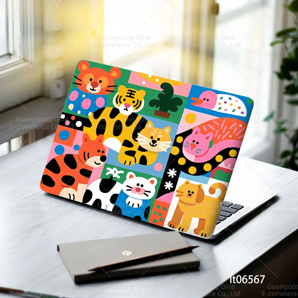 2PCS Cute Cartoon Animal Patchwork Laptop Skin Sticker, Colorful Tiger Cat Dog Decal Cover for Macbook HP Dell Lenovo 11-17 inch