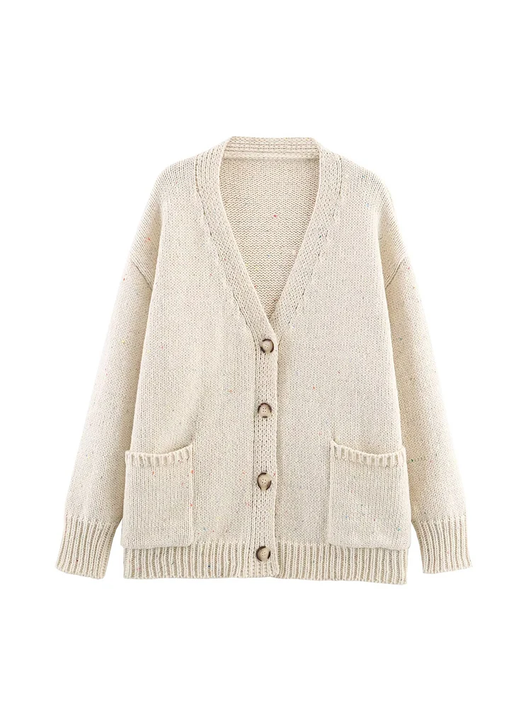 

Новое женское модное универсальное темпераментное маленькое вязаное свободное пальто в горошек с v-образным вырезом и длинными рукавами в европейском стиле