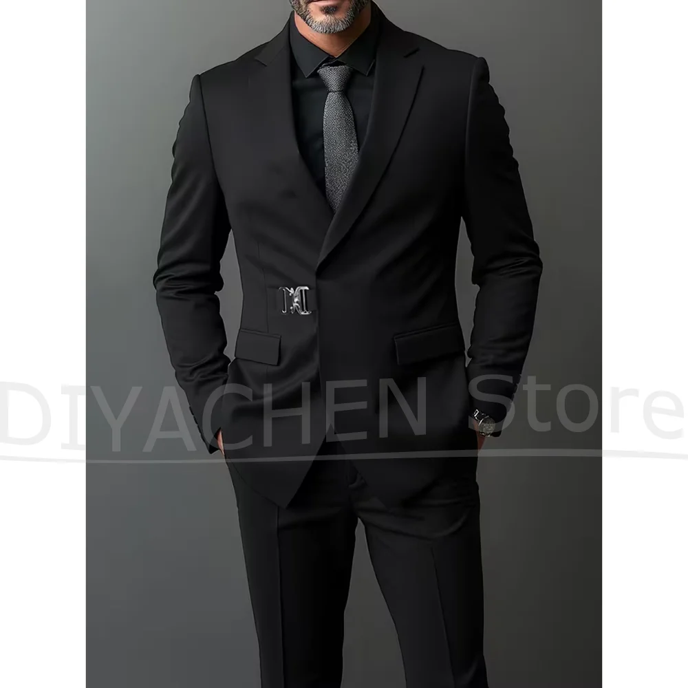 

Men's Black Suit 2 Piece Fashion Metal Buckle Notch Lapel Wear Slim Chic Formal Wedding Prom Party Tuxedo Jacket and Pants