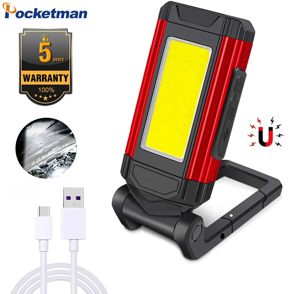 Poderoso led magnético trabalho luz cob mecânico portátil worklight lanterna tocha com suporte ajustável base magnética, gancho