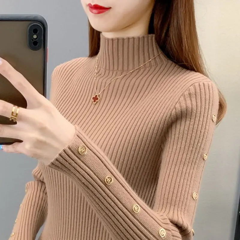 Fashion Turtleneck Button Solid Color All-match Sweater Women\'s Clothing 2022 Autumn New Casual Pullovers Loose Korean Tops