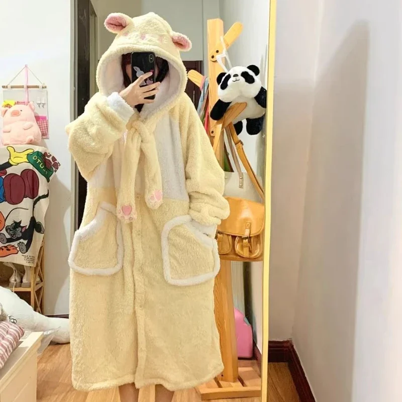 Warm Coral Velvet Pajamas Bathrobe Kawaii Girls Autumn Winter Sleepwear Thicken Soft Plush Hooded Long Homewear Women Loungewear