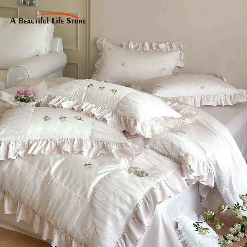 Princess Bedding Set 1000TC Egyptian Cotton Rose Embroidery Lace Ruffles Duvet Cover Set Flat/Fitted Bed Sheet Pillowcases 4Pcs