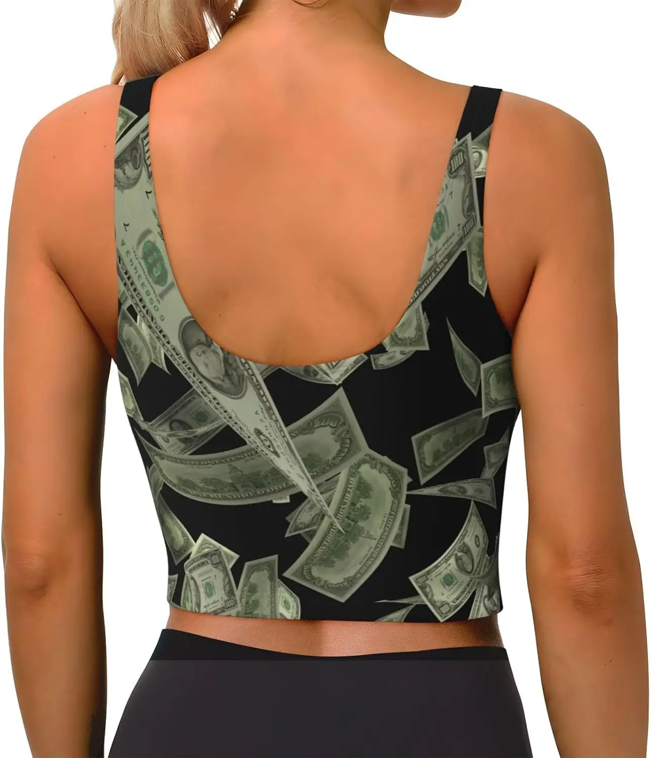 Dollar Sign Money Print Women's Strappy Sports Bra Stretch Gym Bras U Neck Yoga Tops Comfort Seamless Bra